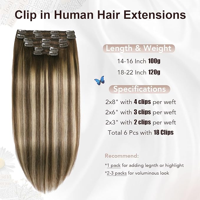 XDhair Clip in Hair Extensions 100g 6pcs 14 Inch Chocolate Brown to Caramel Blonde Real Human Hair Clip in Extensions Silky Straight for Women(14inch, #4/27/4)