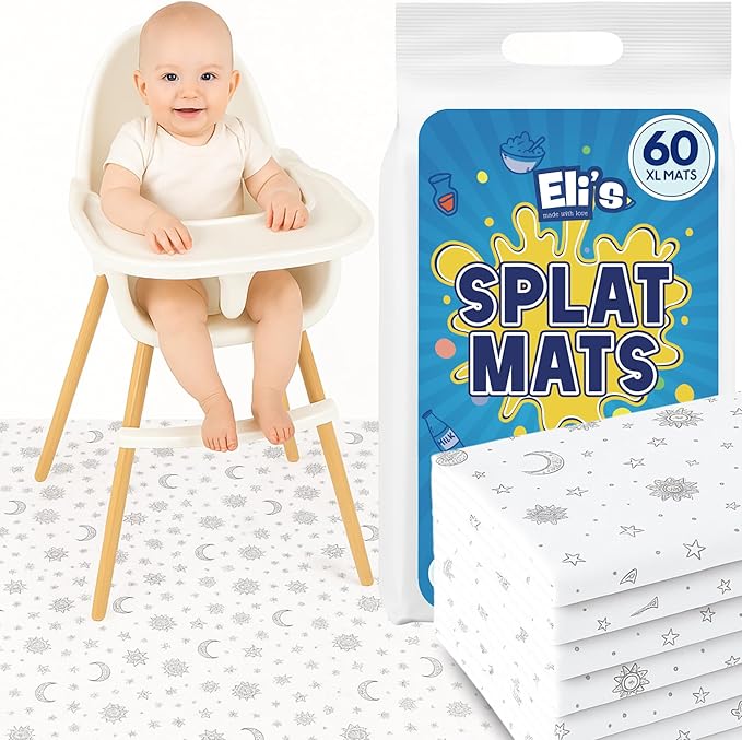 60 Pack Disposable Splat Mats by Eli with Love - Extra Large 49"x49" 100% Waterproof Baby Splat Mat for Under High Chair - Plastic Mat Liner for Floor - Protect from Spills (Moon & Stars, 60 Pack)