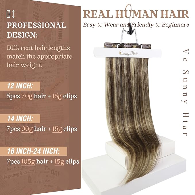 Ve Sunny 24 inch Hair Extensions Clip in Long Straight Real Hair Extensions Clip in Human Hair Dark Brown mit Blonde Clip in Hair Extensions 24Inch