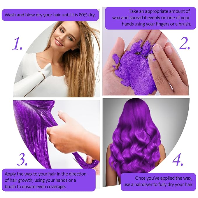 Purple Temporary Hair Color Wax, Instant Natural Hairstyle Cream Dye, Washable Styling Pomadesfor Men Girls Women Youth, Disposable Violet Coloring Mud for Party Cosplay DIY Halloween，