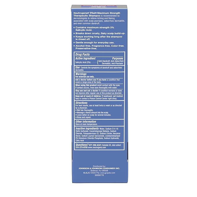 Neutrogena T/Sal Therapeutic Dandruff Shampoo, Scalp Build-Up Control, 3% Salicylic Acid, Scalp Psoriasis Treatment, Seborrheic Dermatitis Shampoo, Clears & Controls Flakes, Fragrance Free, 4.5 fl oz