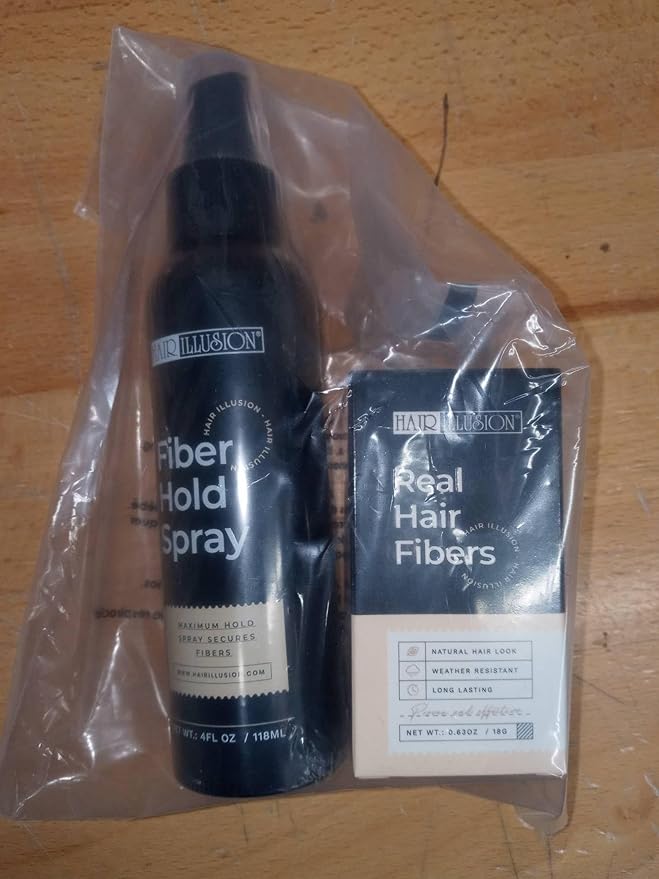 Hair Illusion Dark Brown Real Hair Fibers and Fiber Holding Spray Bundle for Thinning Hair - 100% Natural Texture, Non Synthetic Hair Fibers - Bald Spot Cover Up for Women & Men - 18 Gram