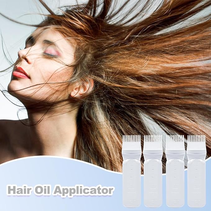 ELANE 4 Pcs Root Comb Applicator Bottle 6oz,Hair Oil Applicator Bottle for Hair,Oil Comb Applicator Hair Bottle Applicator for Hair Dye Shampoos Hair Salons Camping Traveling(White)