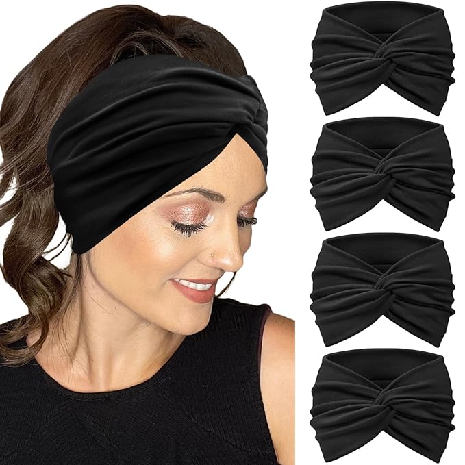 IVARYSS Extra Wide Headbands for Women Non-Slip, 7'' Large Twist Knotted Stretchy Wraps Head Bands Hair Accessories, 4 Pack, Black