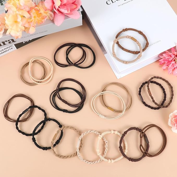 Boho Hair Ties, 20 PCS of 4 Styles Cute Bands for Thick or Thin Hair, No Damage Elastic Bracelets, Brown Hair Accessories for Girls and Women