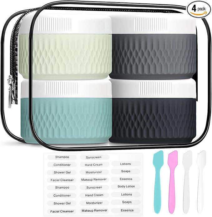 BPA Free Silicone Cream Jars - TSA Approved 2oz Travel Size Containers, Leak-proof with Lid for Cosmetic, Face, Hand, Body Glitters