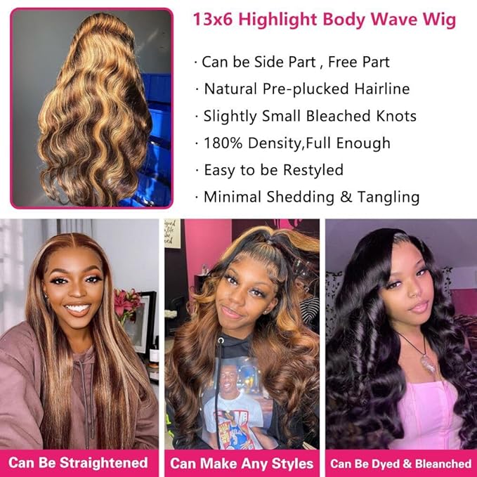 Highlight Ombre Lace Front Wig Human Hair Body Wave 180% Density Frontal Wigs Human Hair 13x6 HD Lace 24 Inch Colored Human Hair Wigs for Black Women Pre Plucked with Baby Hair Glueless Wigs