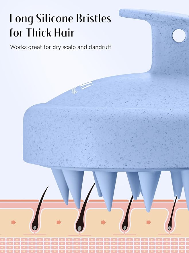 HEETA Scalp Massager Hair Growth, Soft Silicone Scalp Scrubber Shampoo Brush for Exfoliation, Dandruff Removal & Head Massage Stress Relax, Wet & Dry Use for Thick, Thin Hair Care, Wheat Straw Blue