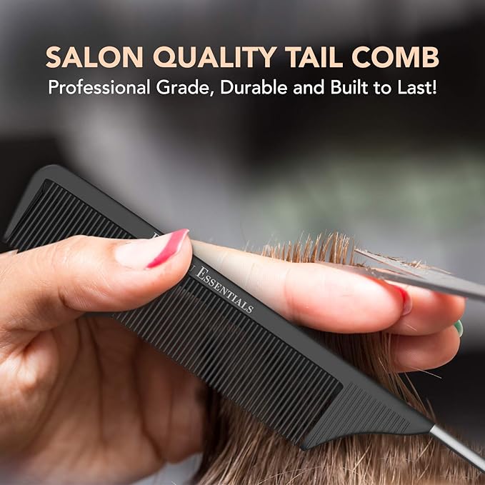 Professional 8.8 Inch Tail Comb (5 Pack) - Black Carbon Fiber and Stainless Steel Pintail - Anti Static and Heat Resistant Teasing Comb - Lightweight for All Hair Types