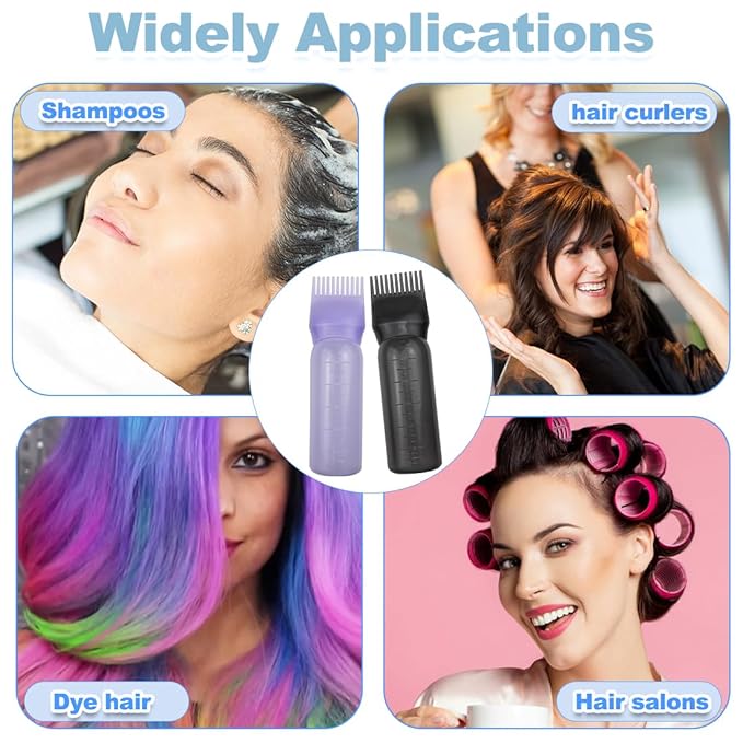 ELANE 4 Pack Root Comb Applicator Bottle, Oil Comb Applicator for Hair Dye & Shampoos, Hair Salons (2 Black + 2 Purple)