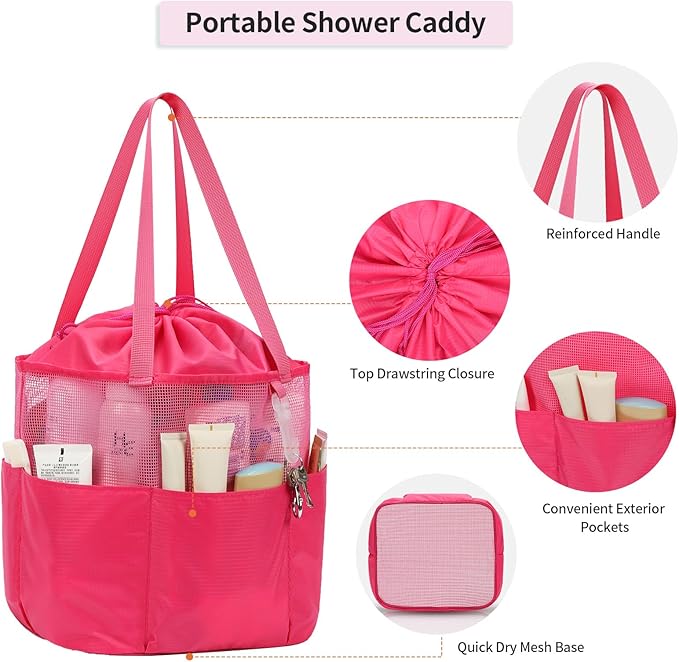 Mesh Shower Caddy Portable, Travel Toiletry Bag for Women Men, Large Capacity Shower Bag Quick Dry Bathroom Bag for Dorm, Gym, Bathroom, Camping, Beach, Swimming, Traveling, Rose Red
