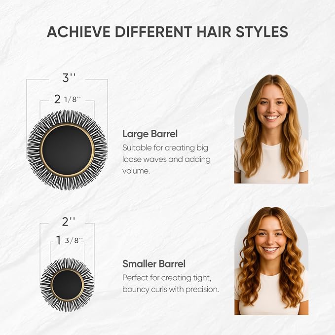 2 in 1 Ceramic Round Brush for Blow Drying,Ceramic Barrel for Hair Styling, Anti-static Bristles, Enhance Texture Volume, for Women & Men,with 4 Hair Clips (2.1 Inch&1.3 Inch)