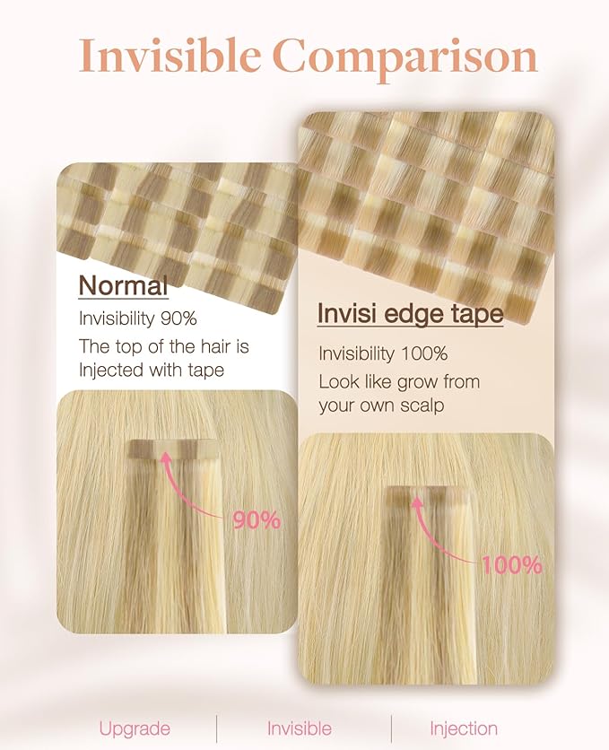 GOO GOO Invisi Edge Tape in Hair Extensions Human Hair, 16/22 Light Blonde Highlighted Golden Blonde 20pcs injected with 20pcs classical tape ins, 24inch 100g, Virgin Remy Hair, Natural Look