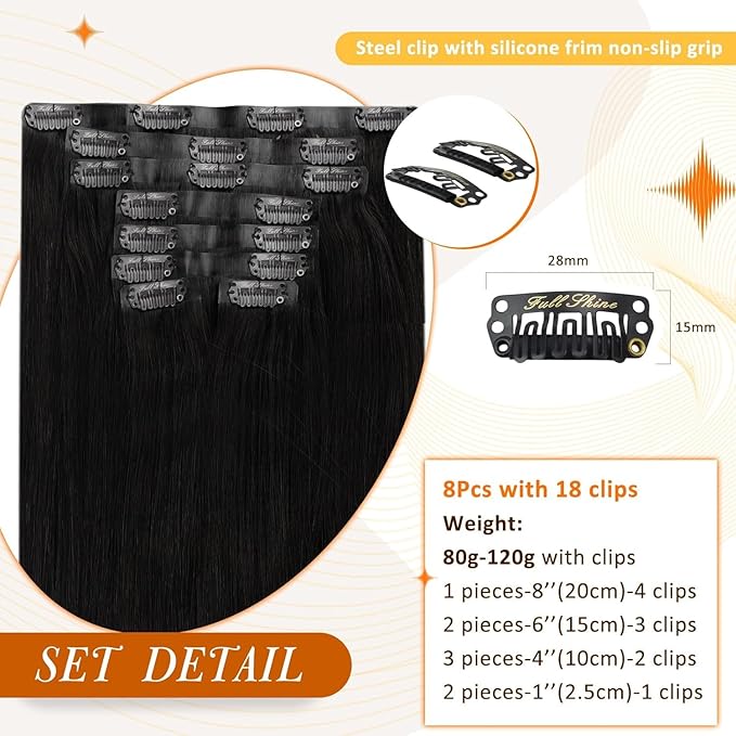 Full Shine Human Hair Clip in Extensions Black Clip in Hair Extensions for Women 24 Inch Invisible Hair Extensions Clip ins Straight Hair Full Head 8 PCS 120 G