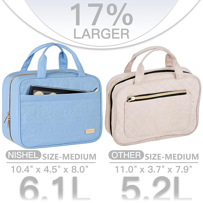 NISHEL Travel Toiletry Bag for women, Portable Hanging Organizer for Travel-Sized Shampoo, Conditioner, Brushes Set, Makeup Accessories, Medium Size, Placid-Blue