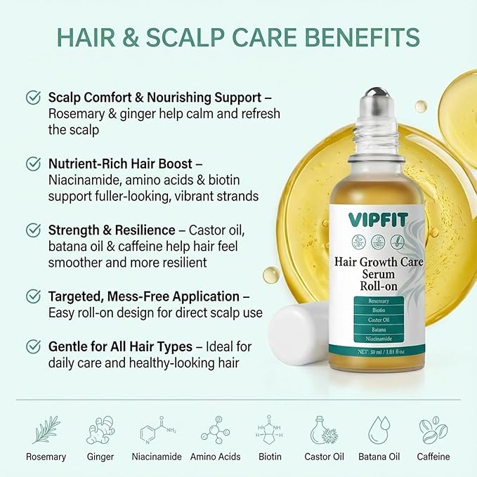 Hair Growth Care Serum Roll-On with Rosemary, Niacinamide, Amino Acids, Ginger, Biotin, Castor Oil, Batana & Caffeine, Nourishes Scalp for Thicker-Looking, Healthy Hair, 30ml/1.01 fl.oz