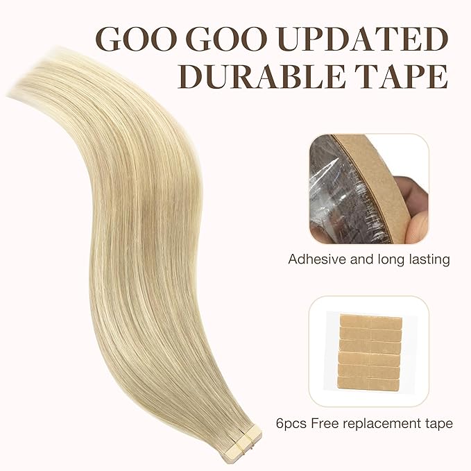 GOO GOO Tape in Hair Extensions Human Hair, 18ET90A Natural Blonde Balayage, 10inch 60g 40pcs, Skin Weft Seamless Invisible, Silky Straight with Thick Ends, Remy Human Hair
