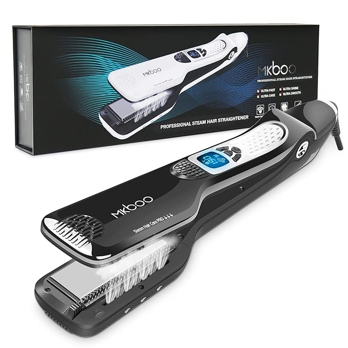 MKBOO Hair Straightener with Steam, Salon Professional Nano Titanium Ceramic Steam Flat Iron with Removable Comb+Digital LCD+5 Level Adjustable Temperature+Auto Temperature Lock Black