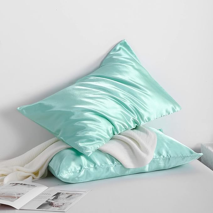 NTBAY 2 Pack Satin Standard Pillowcases for Hair and Skin, Luxurious and Silky Pillow Cases with Envelope Closure, 20x26 Inches, Light Blue