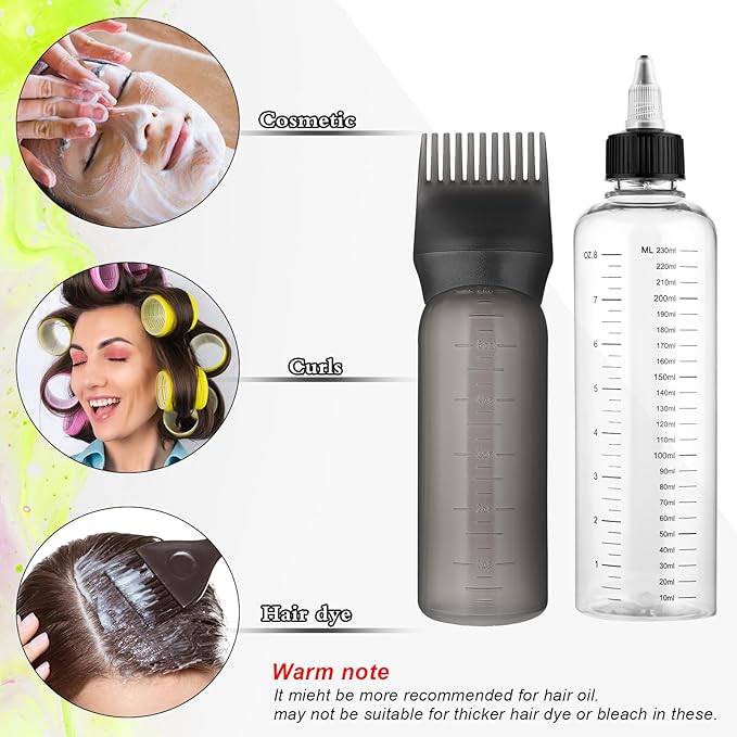 2 Pack Applicator Bottle for Hair, 8.5oz 6oz Squeeze Empty Oil Dispenser Hair Color Applicator Root Dye PET Plastic Refillable Bottles with Graduated Scale and Twist Top for Home Salon Sylist