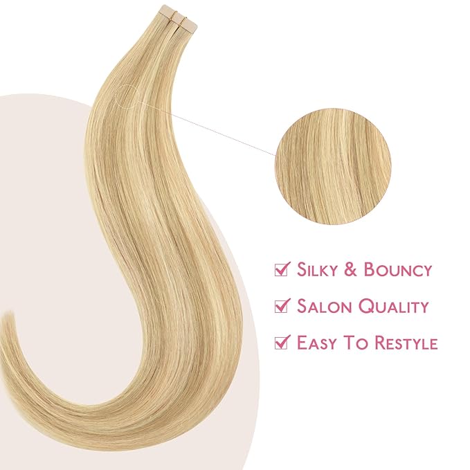 WENNALIFE Tape in Hair Extensions Human Hair Light Blonde Highlighted Golden Blonde Tape in Extensions, 10pcs 25g 14 inch Remy Invisible Tape Ins Straight Soft Real Human Hair Tape in Extensions