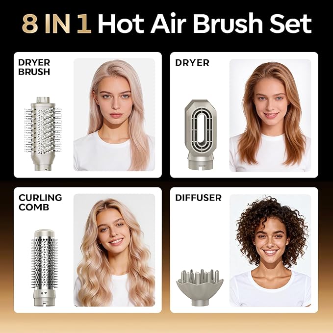 8-in-1 Dual Voltage Hot Air Styler & Hair Dryer Brush for Fast Drying, Frizz-Free Styling, with Straightener & Curler, 110,000 RPM, Includes Travel Bag