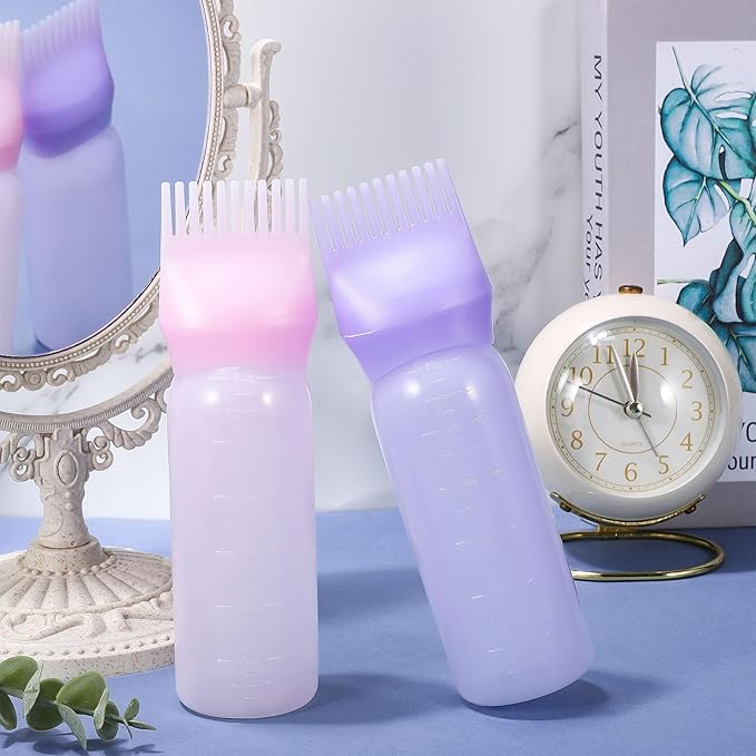 Pimoys Root Comb Applicator Bottle 6 Ounce, Oil Applicator for Hair Dye, Hair Oiling Bottle Brush with Graduated Scale, Purple