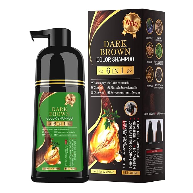 Black Hair Dye Shampoo 6-in-1 Unisex Natural Herbal Formula, Hair Color Shampoo for Women&Man Long-Lasting Color for Grey Coverage Home & Salon (Dark Brown)