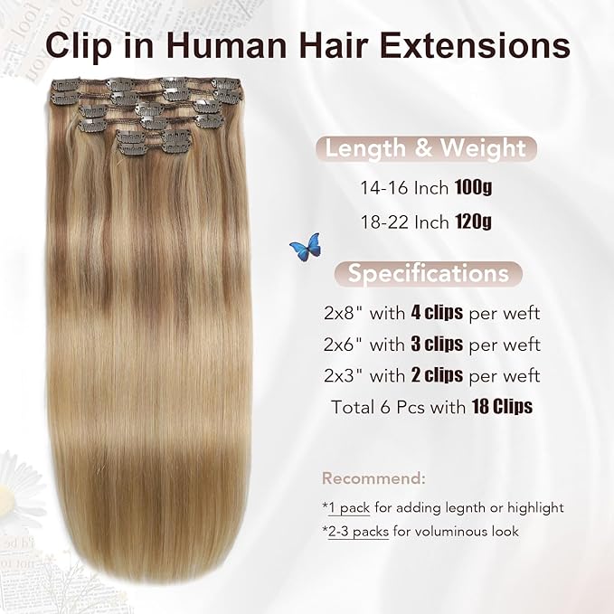 XDhair Human Hair Clip in Extensions 120g 20 Inch Balayage Blonde Human Hair Extensions Clips ins Golden Brown to Light Blonde Clip in Hair Extensions for Women #10/27/27 20 Inch