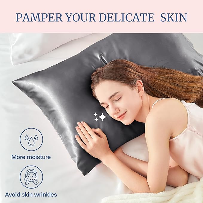 BEDELITE Satin Pillowcase for Hair and Skin, Super Soft Similar to Silk Pillow Cases 4 Pack with Envelope Closure, Cooling Pillowcases for Women Men (20"x26" Standard Size, Dark Grey)