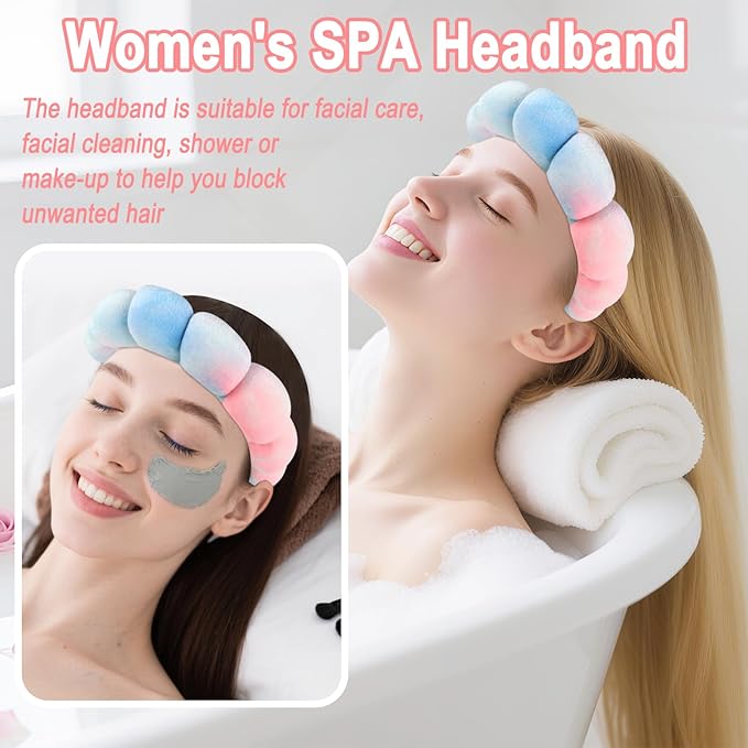 Zkptops Spa Headband for Washing Face Wristband Set Sponge Makeup Skincare Velvet Fabric Bubble Soft Get Ready Hairbands for Women Puffy Headwear Non Slip Thick Thin Hair Accessory (Pink Tie Dye)