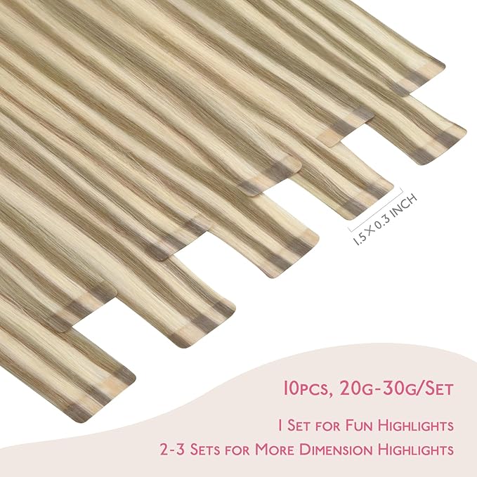 WENNALIFE Tape in Hair Extensions Human Hair Ash Brown with Platinum Blonde Highlights Tape in Extensions, 10pcs 20g 12 inch Remy Invisible Tape Ins Straight Colored Soft Refill Set