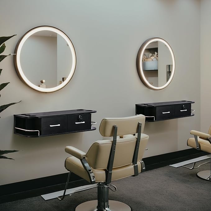 BarberPub Beauty Locking Wall Mount Styling Station, Barber Hair Styling Station with Hair Dryer Holders, Spa Salon Equipment with 2 Drawers, Storage Floating Salon Station 5012 (Black)