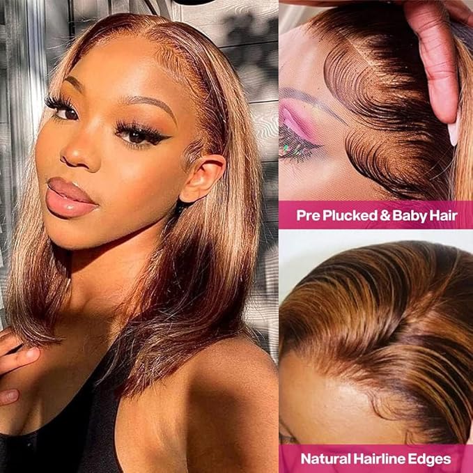4/27 Ombre Highlight Bob Wig Human Hair 12 inch straight 427 bob wig 13x4 Highlight HD Lace Frontal Bob Wig Human Hair 180% Density Pre Plucked Ombre Short Bob Wigs for Black Women