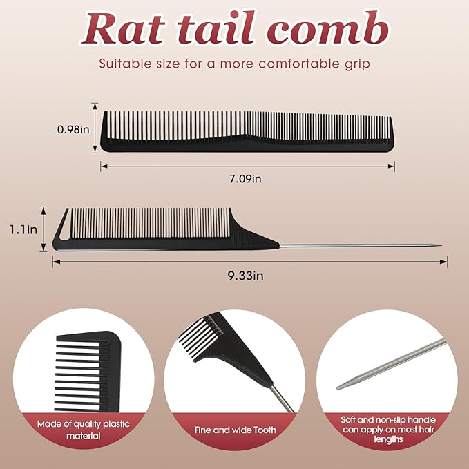 2Pcs Hair Combs for Women and Men，Combs for Hair Stylist, Professional Black Carbon Fiber Teasing Comb，Fine and Wide Tooth Barber Comb for All Hair Types（Style 2）