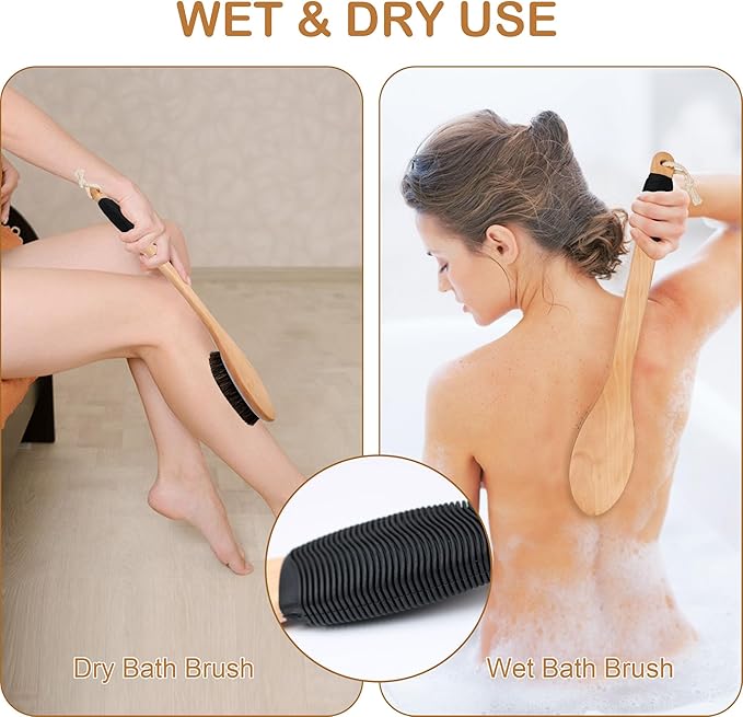 OWIIZI Horsehair Bath Brush Wooden Curved Long Handle Antiskid Shower Brush for Exfoliating, Natural Mane Scrubber for Back Use Wet or Dry,Back Scrub Deep Cleanse-17.2inches