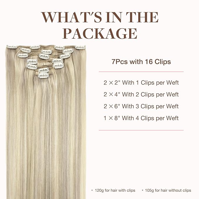 GOO GOO Clip in Hair Extensions Real Human Hair, Remy Human Hair Extensions Clip ins for Women, Natural Human Hair, 14inch 120g 7Pcs, 17A/60A Ash Blonde Highlighted Platinum Blonde