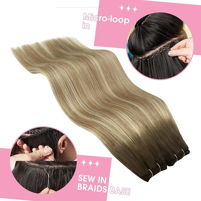 YoungSee Human Hair Weft Extensions Brown Ombre Sew in Extensions Balayage Weft Hair Extensions Human Hair Walnut Brown Ombre Light Brown with Blonde Balayage Hair Wefts Remy Hair 20Inch 100G