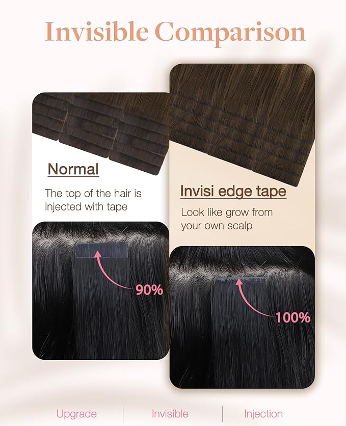 GOO GOO Invisi Edge Tape in Hair Extensions Human Hair, 4/18 Balayage Chocolate Brown Highlighted Dirty Blonde, 20pcs 22inch 50g, Virgin Remy Hair, Seamless Injected Tape, Natural Look