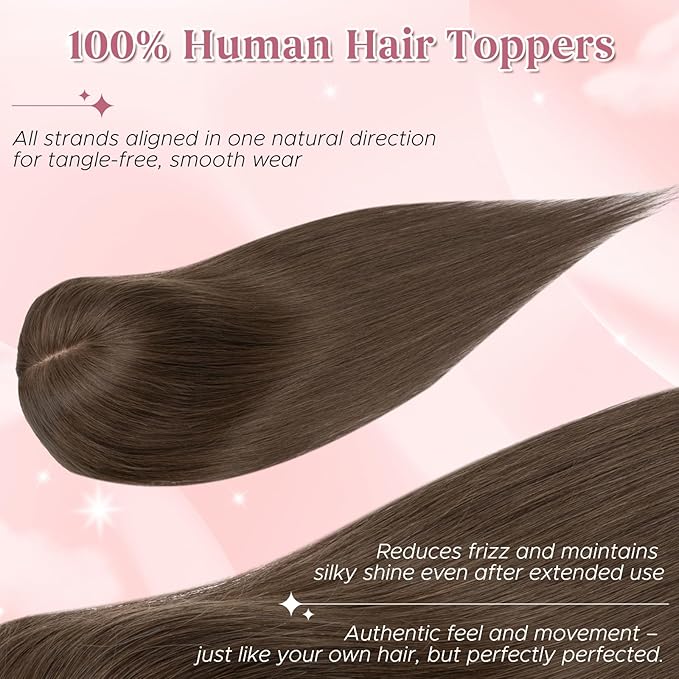 Real Human Hair Toppers for Women 3.54"*4.72" Silky Base 150% Density With Bangs Adjustable Parting Clip-In Topper Hairpieces for Women with Thinning Hair 10 Inches Natural Brown
