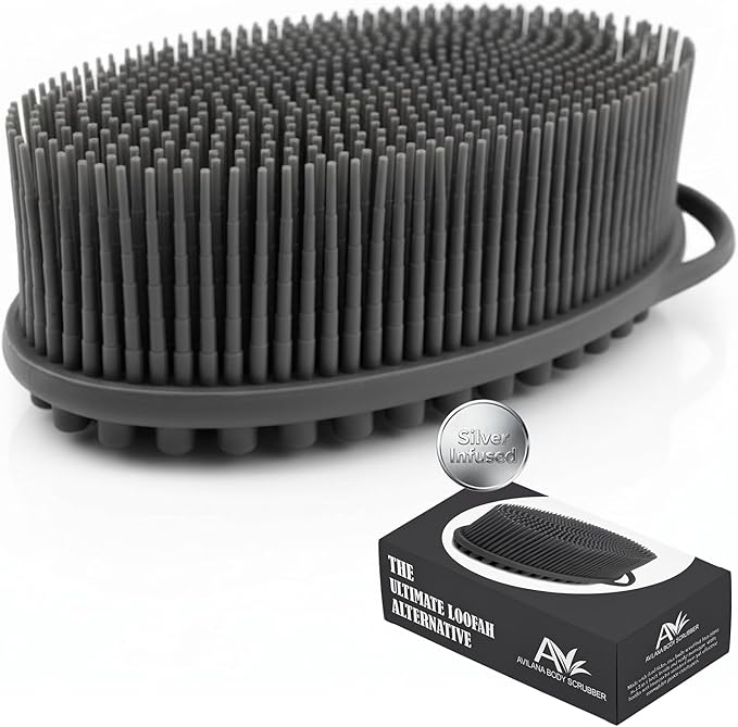 Silver Infused Silicone Body Scrubber Shower - Gentle Back Scrubber Soft Bristles - Avilana Premium Dual Sided Bath Brush Massage - Advanced Material Loofah Alternative - Gift Women Men