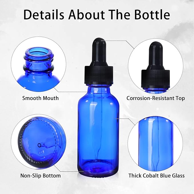 48 Pack 1oz Cobalt Blue Glass Bottles with Glass Eye Droppers for Essential Oils, Perfumes & Lab Chemicals (Brush, Funnels, 2 Extra Droppers, 54 Pieces Labels & 30ml Measuring Cup Included)