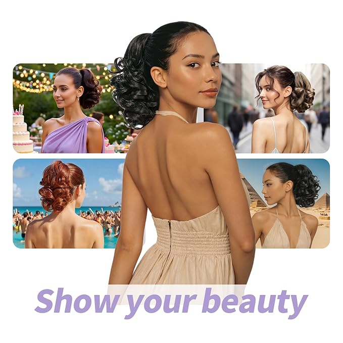 Auburn Ponytail Extension,9" Short Curly Wavy Claw Clip Pony tails Hair Extensions Natural Soft Synthetic Hairpiece for Women