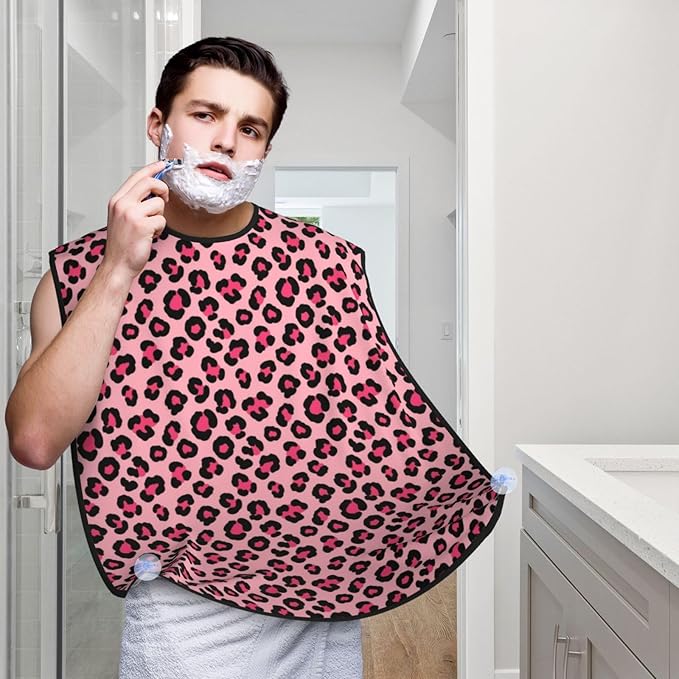 No-Slip Shaving Bib, Beard Grooming Apron with Strong Suction Cups, Cheetah Leopard Print Pink Floral