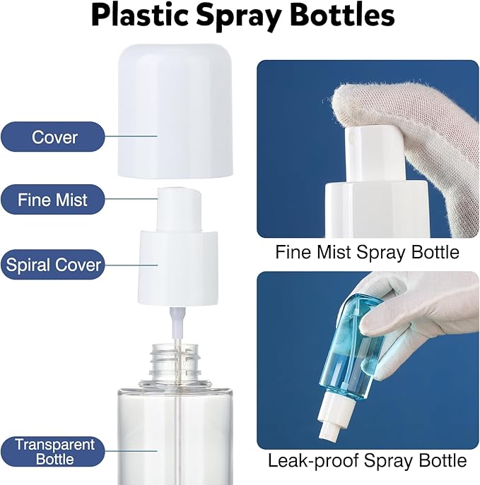 Bynccea Small Spray Bottle Travel Size 3.4oz/100ml Plastic Mini Bottle Set - Fine Mist Mini Empty Spray Bottles - Refillable Spray Bottles for Cleaning Solutions, Perfume, Liquid Cosmetics