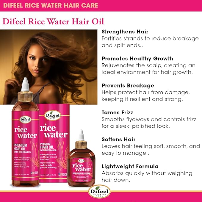 Difeel Rice Water Premium Hair Oil 8 oz. - Strengthening Rice Water Moisturizer for Hair