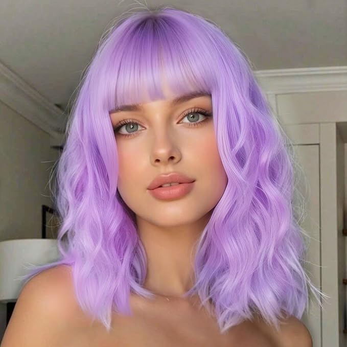 AISI HAIR Light Purple Synthetic Wavy Curly Bob Wig with Bangs Short Wavy Hair for Women Synthetic Heat Resistant Bob Wigs