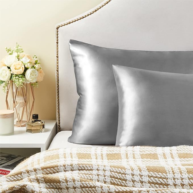BEDELITE Satin Pillowcase with Zipper, Grey King Size Pillow Cases Set of 2, Super Soft and Cooling Similar to Silk Pillow Cases, Gift for Women Men(20x36 Inches)