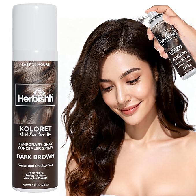 Herbishh Koloret Quick Root Touch Up Hair Color Spray Dark Brown (74.5g), Instant Gray & Dark Brown Root Cover Up, Temporary Hair Color Spray, Lightweight Non-Sticky Dye Mist, Travel Aerosol