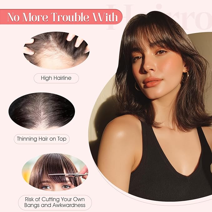 Hairro Mono Hair Toppers with Bangs, 3.4" x 3.4" Mono Base 100% Real Human Hairpieces for Women, 150% Density Clips In Topper for Greyish Thinning Hair, 10 Inch Medium Brown
